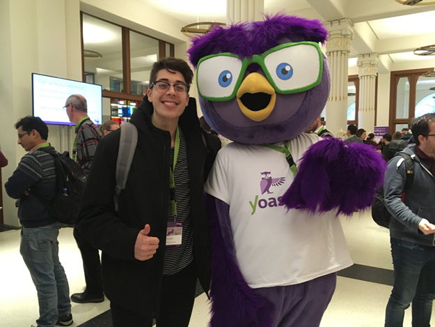 Austin with YoastCon mascot owl