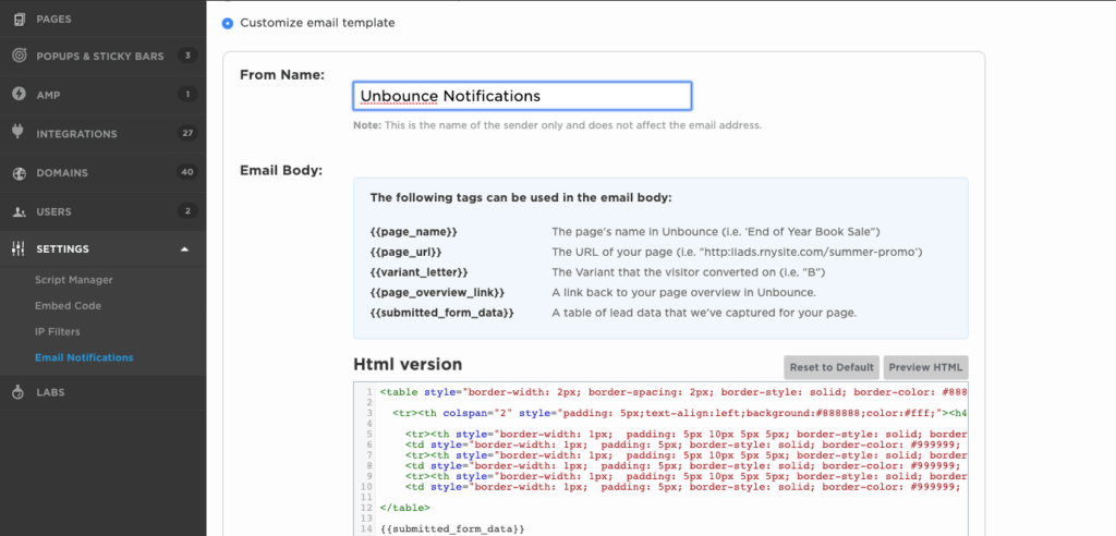 Customizing your Unbounce email notifications