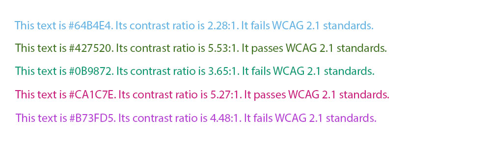 Examples of text that passes and fails WCAG color contrast standards.