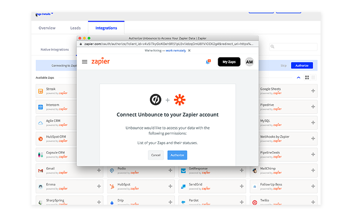 Connecting Zapier to Unbounce