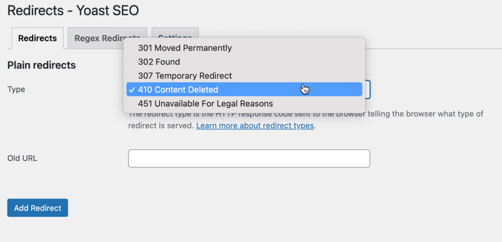 Selecting a 410 redirect in Yoast's Redirects manager