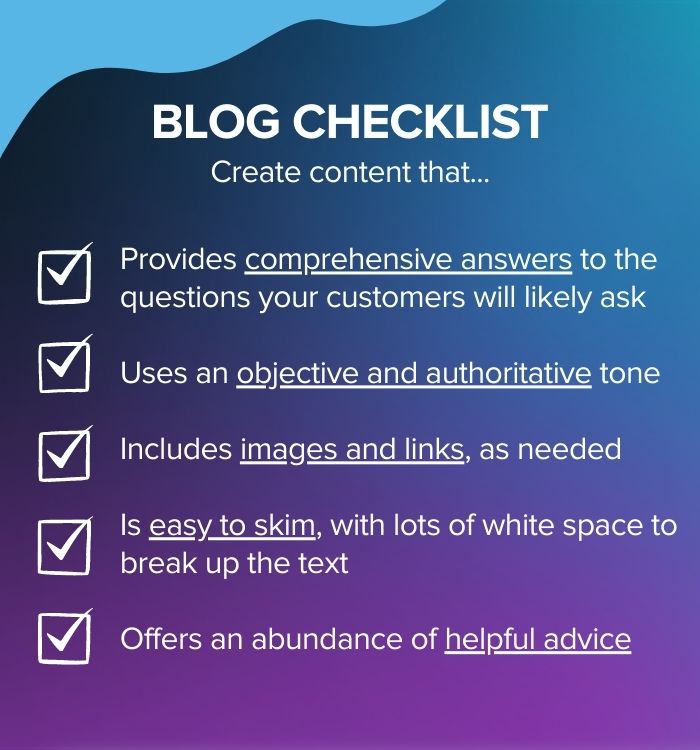 In a b2b website content audit, see if your blog:Provides comprehensive answers, Uses an objective and authoritative tone, Includes images and links, Is easy to skim, & Offers an abundance of helpful advice