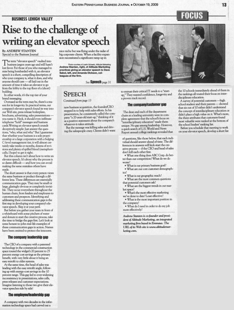 Lehigh Valley Business Rise to Challenge of Writing Elevator Speeches
