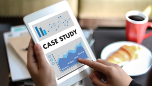 image of a hand holding a tablet that says "case study"