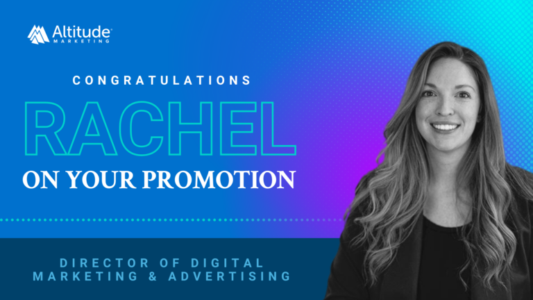 Employee headshot for promotion. It says "Congratulations Rachel on your promotion"