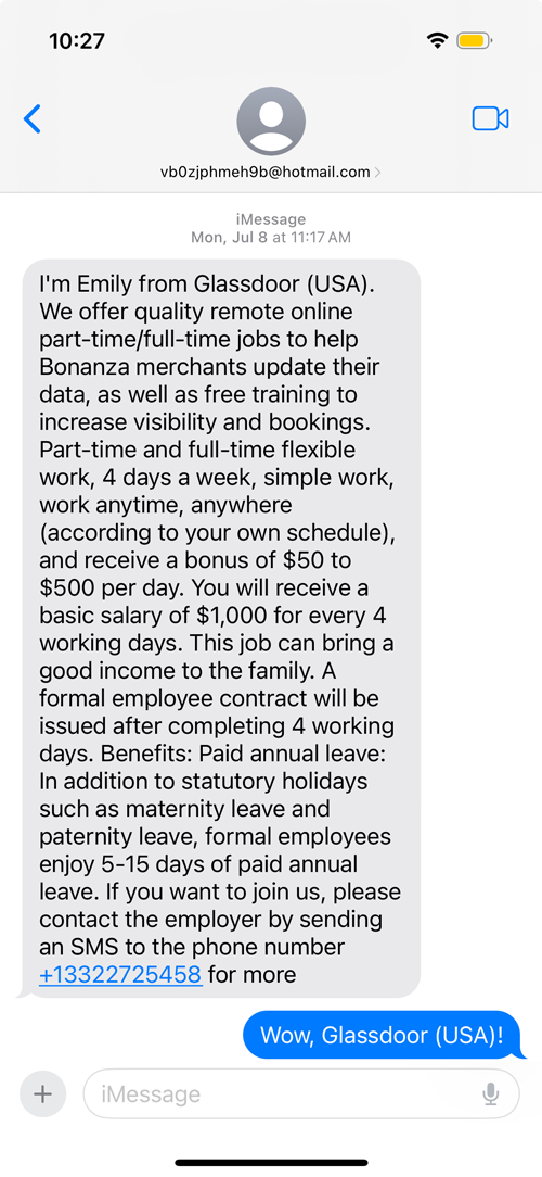 An example of a scam job offer via SMS. These are never real jobs.