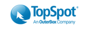 Blue logo that says "ToptSpot An Outerbox Company" there is a blue arrow in a circle pointing up on top of the word "TopSpot"