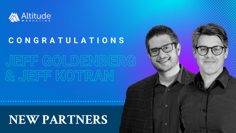 A congratulatory graphic from Altitude Marketing featuring Jeff Goldenberg and Jeff Kotran as new partners.