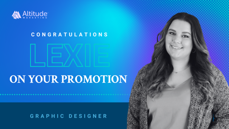 A congratulatory graphic for Lexie’s promotion at Altitude Marketing. The background features a gradient of blue and purple with a halftone pattern. The text reads "Congratulations Lexie on your promotion" with "Graphic Designer" at the bottom. A black-and-white portrait of Lexie, smiling, is positioned on the right side of the design.