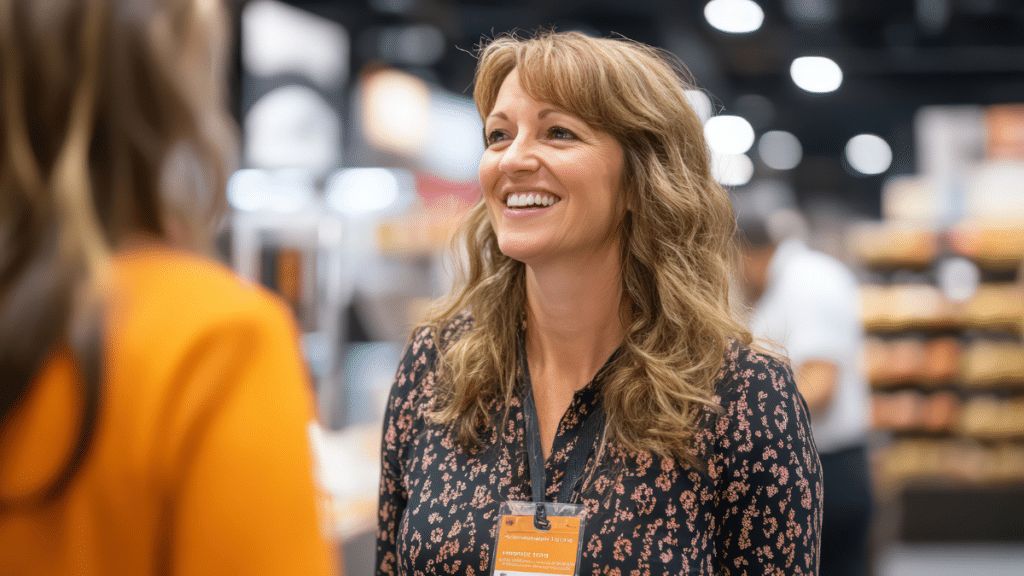 Woman at tradeshow smiling