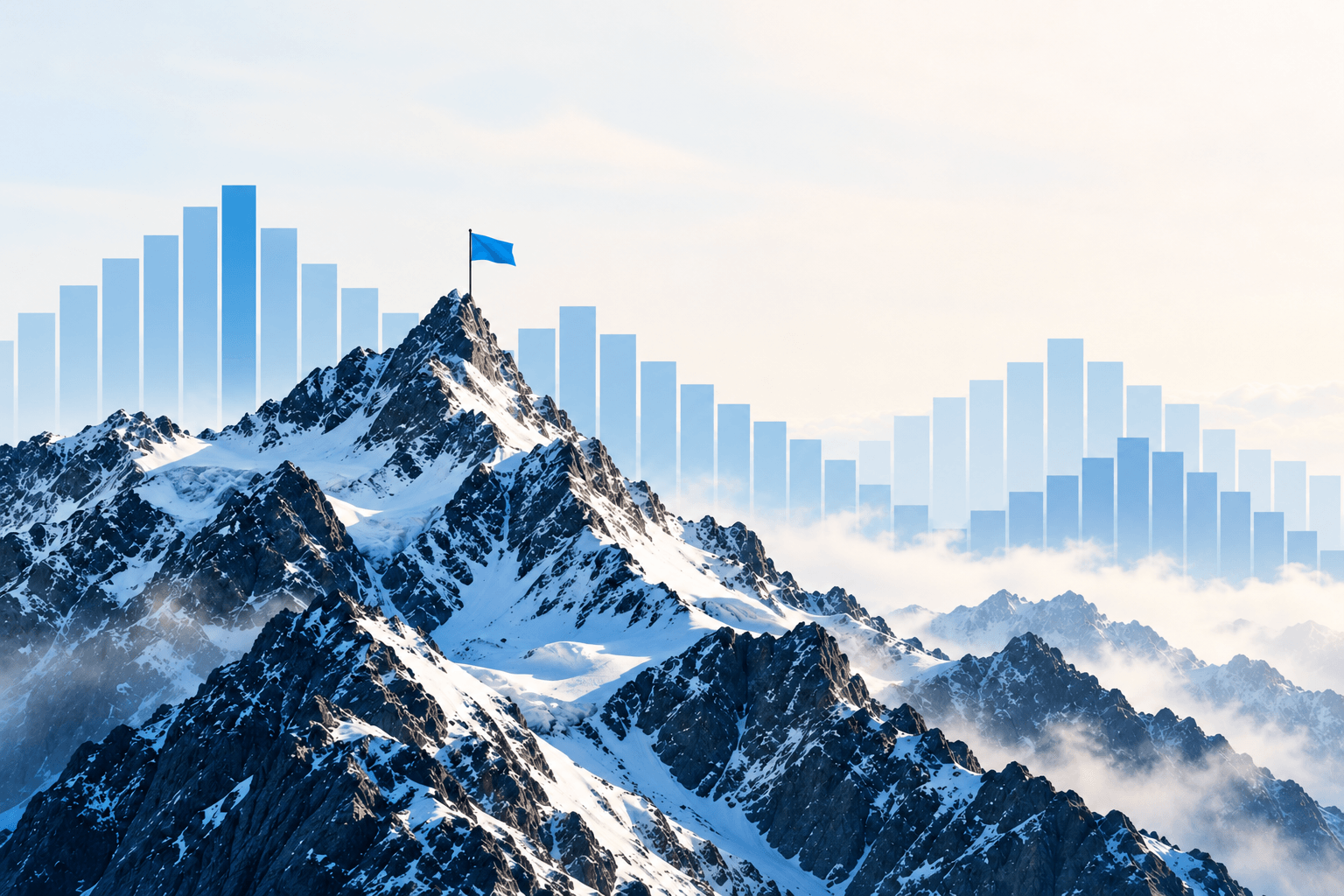 Snow-covered mountain summit with a blue flag, surrounded by rising bar charts